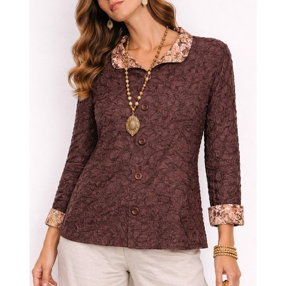 Savvy Floral Crinkle Reversible Blouse Medium Boho Eclectic Art To Wear Romantic